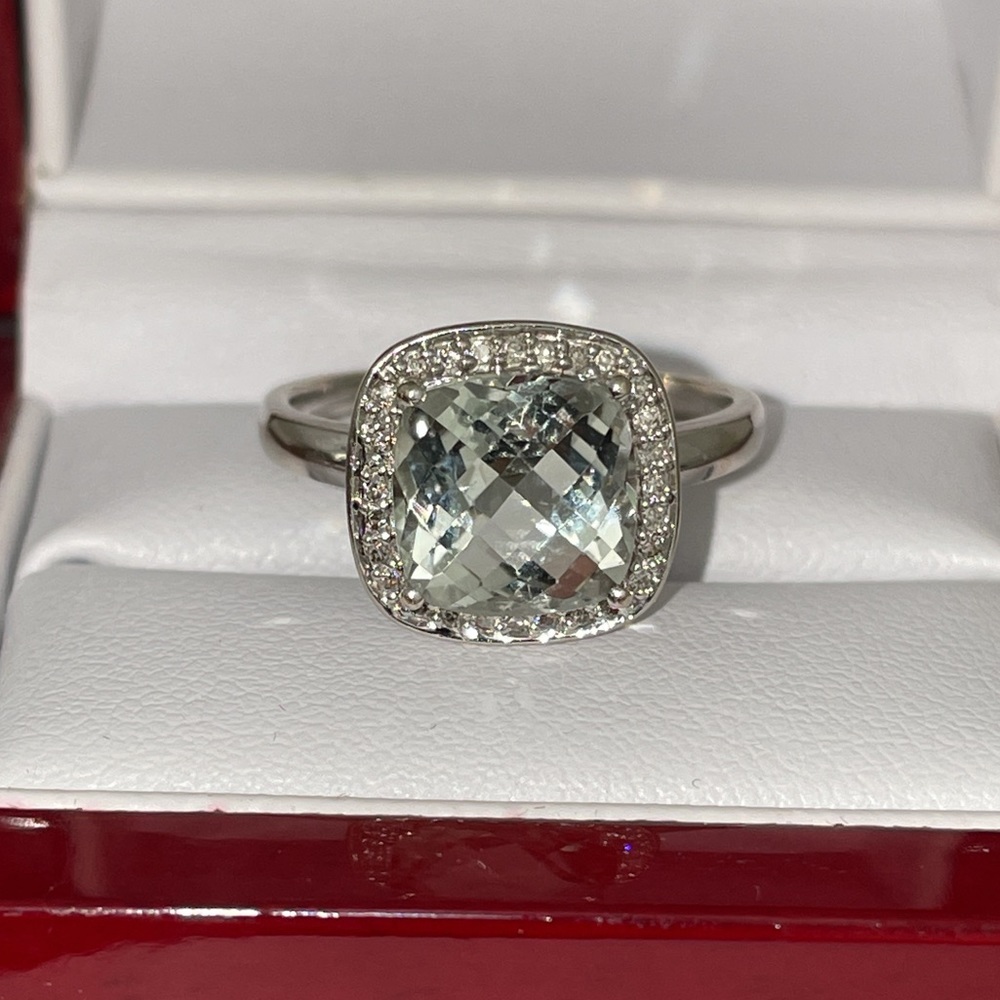 Dazzling White Gold Pale Green Prasiolite And Diamond Halo Ring - Picture 6 of 16